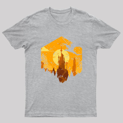 Dragon Flying Over Tall Castle Sunset T-Shirt