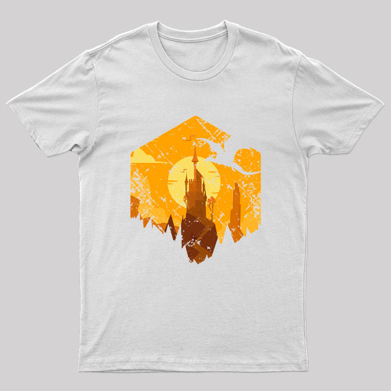 Dragon Flying Over Tall Castle Sunset T-Shirt