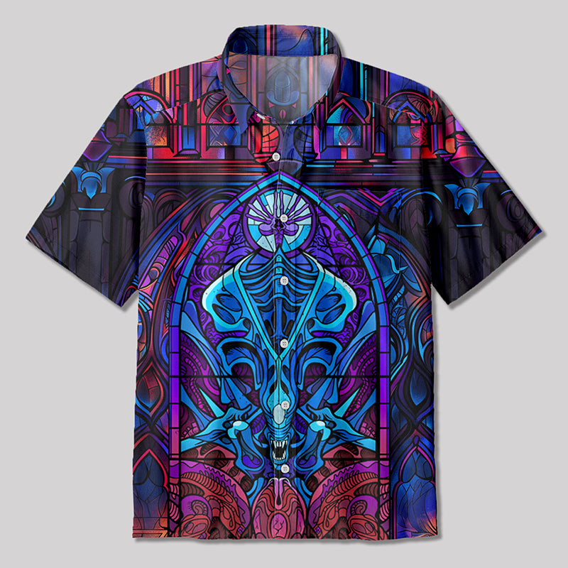 Special Shaped Gothic Stained Glass Window Grilles Button Up Pocket Shirt
