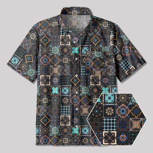 Portuguese Retro Tile Pattern Button Up Pocket Shirt