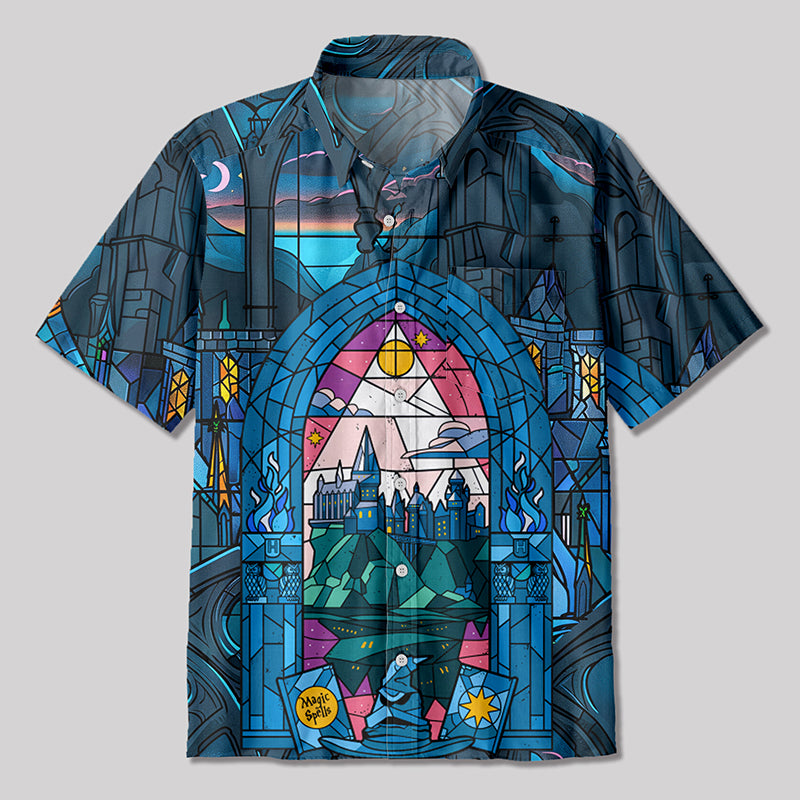 Magic Academy Gothic Stained Glass Window Grilles Button Up Pocket Shirt