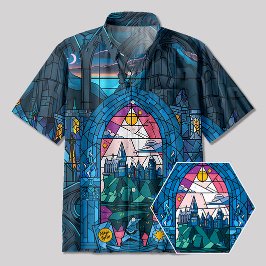Magic Academy Gothic Stained Glass Window Grilles Button Up Pocket Shirt