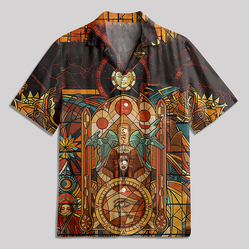 Egyptian Pharaoh Gothic Stained Glass Window Grilles Button Up Pocket Shirt