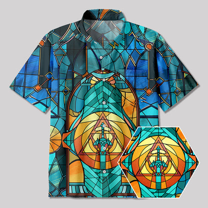 Master Sword Gothic Stained Glass Window Grilles Button Up Pocket Shirt