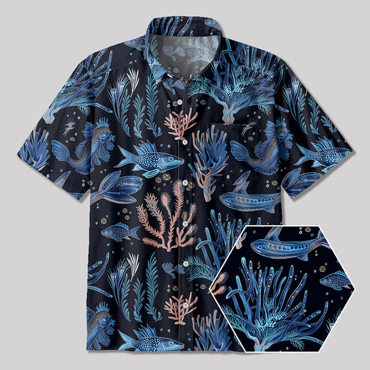 Art Sea Life Blue Button Up Pocket Shirt