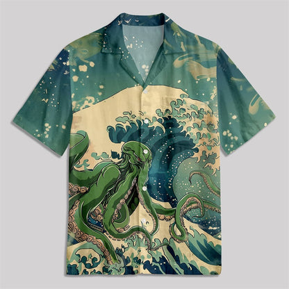 Ukiyoe Waves Cthulhu Green Button Up Pocket Shirt