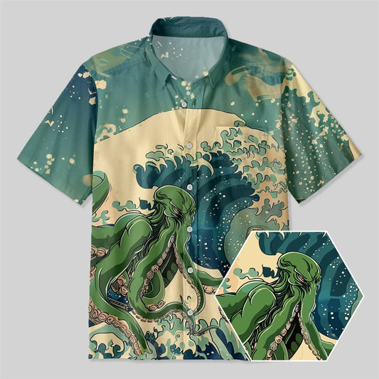 Ukiyoe Waves Cthulhu Green Button Up Pocket Shirt