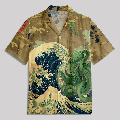 Ukiyoe Waves Cthulhu Button Up Pocket Shirt