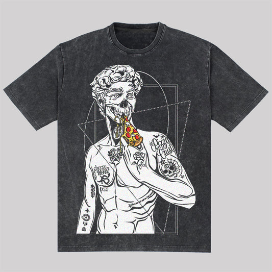 Plaster Man Eating Pizza Funny Washed T-Shirt