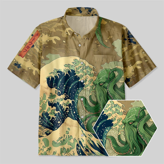 Ukiyoe Waves Cthulhu Button Up Pocket Shirt