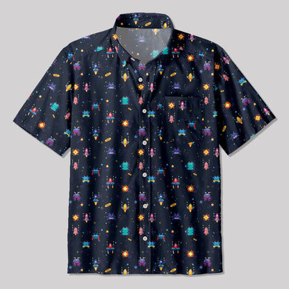 Pixel Style Retro Game Button Up Pocket Shirt