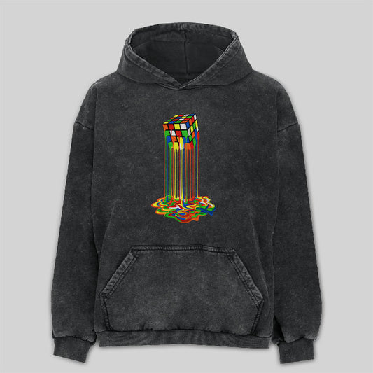 Rainbow Abstraction melted rubix cube Washed Hoodie