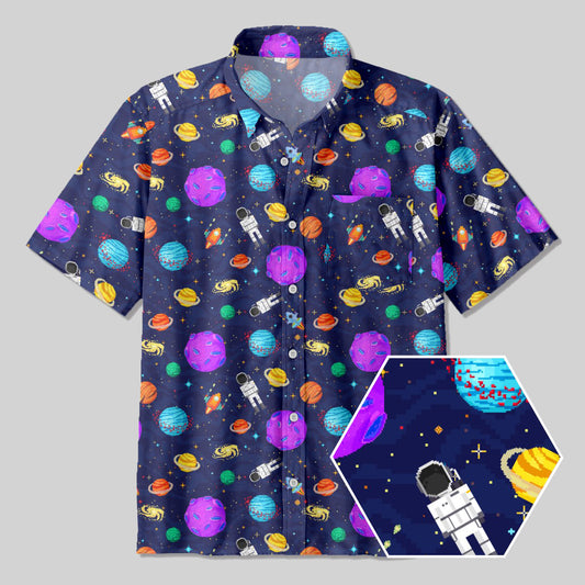 Pixel Style Planet Astronaut Button Up Pocket Shirt