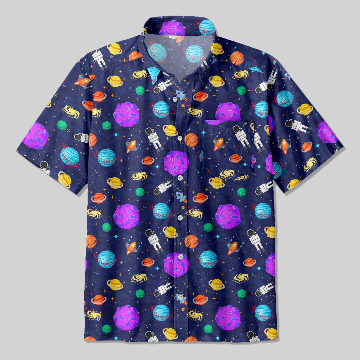 Pixel Style Planet Astronaut Button Up Pocket Shirt