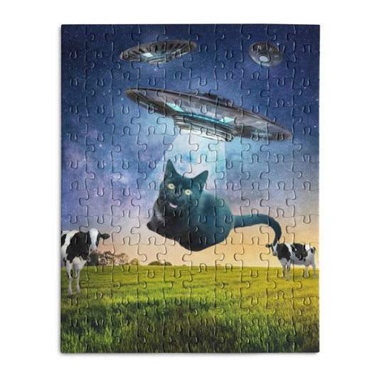 BLACK CAT UFO ABDUCTION FUNNY-Wooden Jigsaw Puzzle - Geeksoutfit