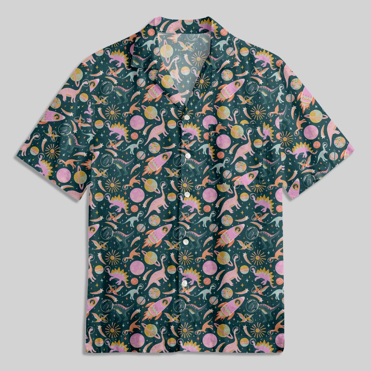 Colorful Dinosaur Planet Button Up Pocket Shirt - Geeksoutfit