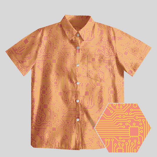 Computer Circuit Board Orange Button Up Pocket Shirt - Geeksoutfit