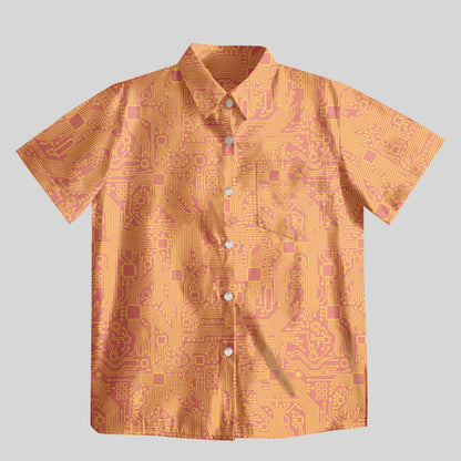 Computer Circuit Board Orange Button Up Pocket Shirt - Geeksoutfit
