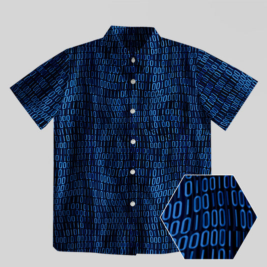 Curved Binary Computer 1s and 0s Blue Button Up Pocket Shirt - Geeksoutfit