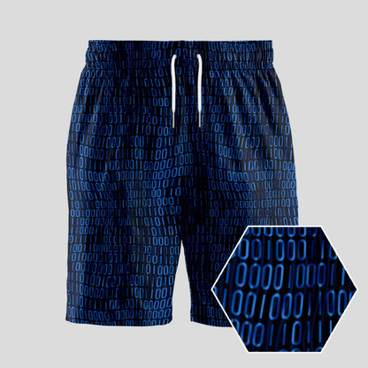 Curved Binary Computer 1s and 0s Blue Geeky Drawstring Shorts - Geeksoutfit
