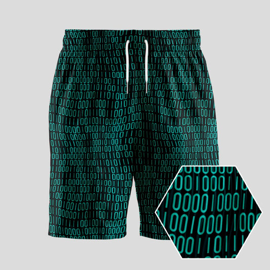 Curved Binary Computer 1s and 0s Dark Green Geeky Drawstring Shorts - Geeksoutfit