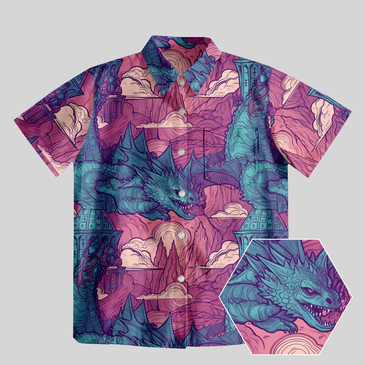 DND Dragon Pattern Button Up Pocket Shirt - Geeksoutfit