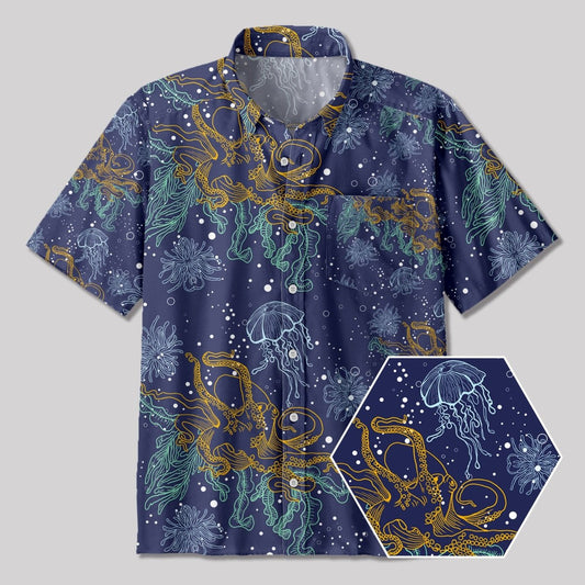 Octopus and Jellyfish on The Seabed Button Up Pocket Shirt - Geeksoutfit