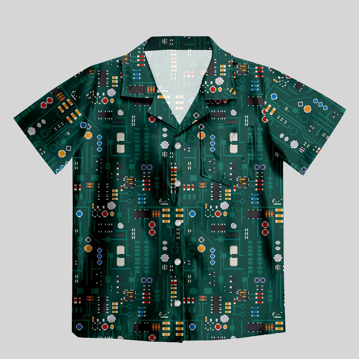 Pixel Style Electronic Components Dark Green Button Up Pocket Shirt - Geeksoutfit