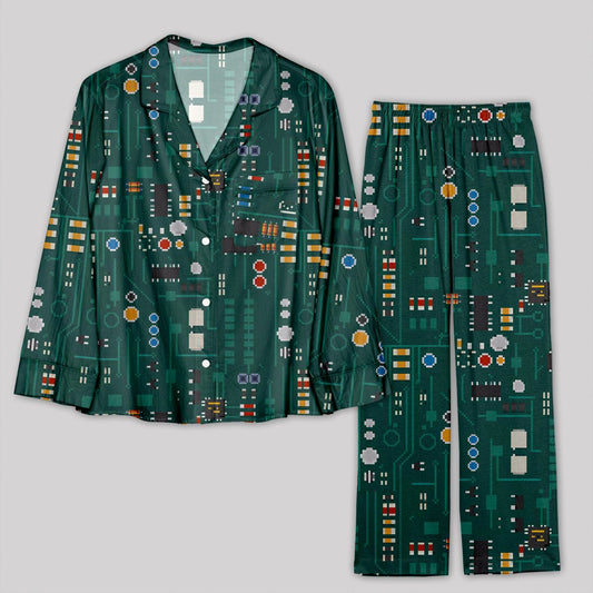 Pixel Style Electronic Components Dark Green Pajamas Set - Geeksoutfit