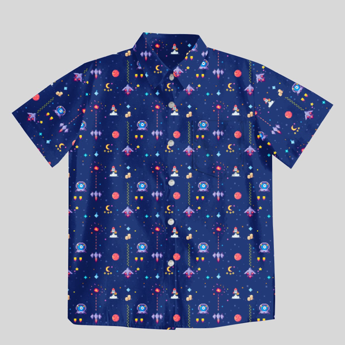 Retro Style Arcade Video Game featuring Space Blue Button Up Pocket Shirt - Geeksoutfit