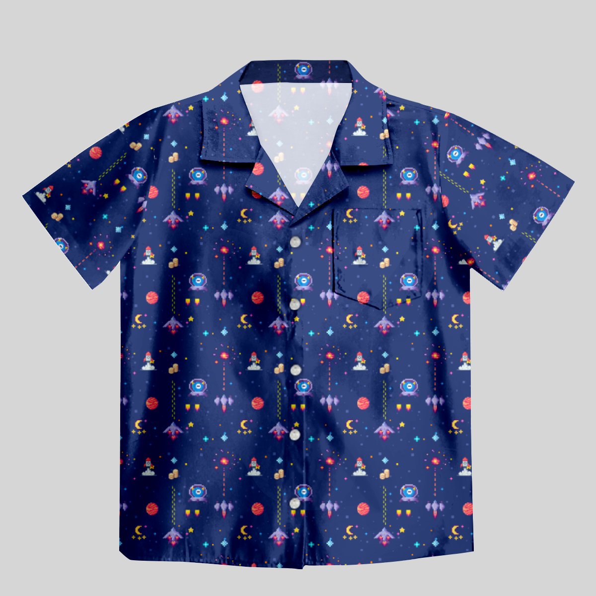 Retro Style Arcade Video Game featuring Space Blue Button Up Pocket Shirt - Geeksoutfit