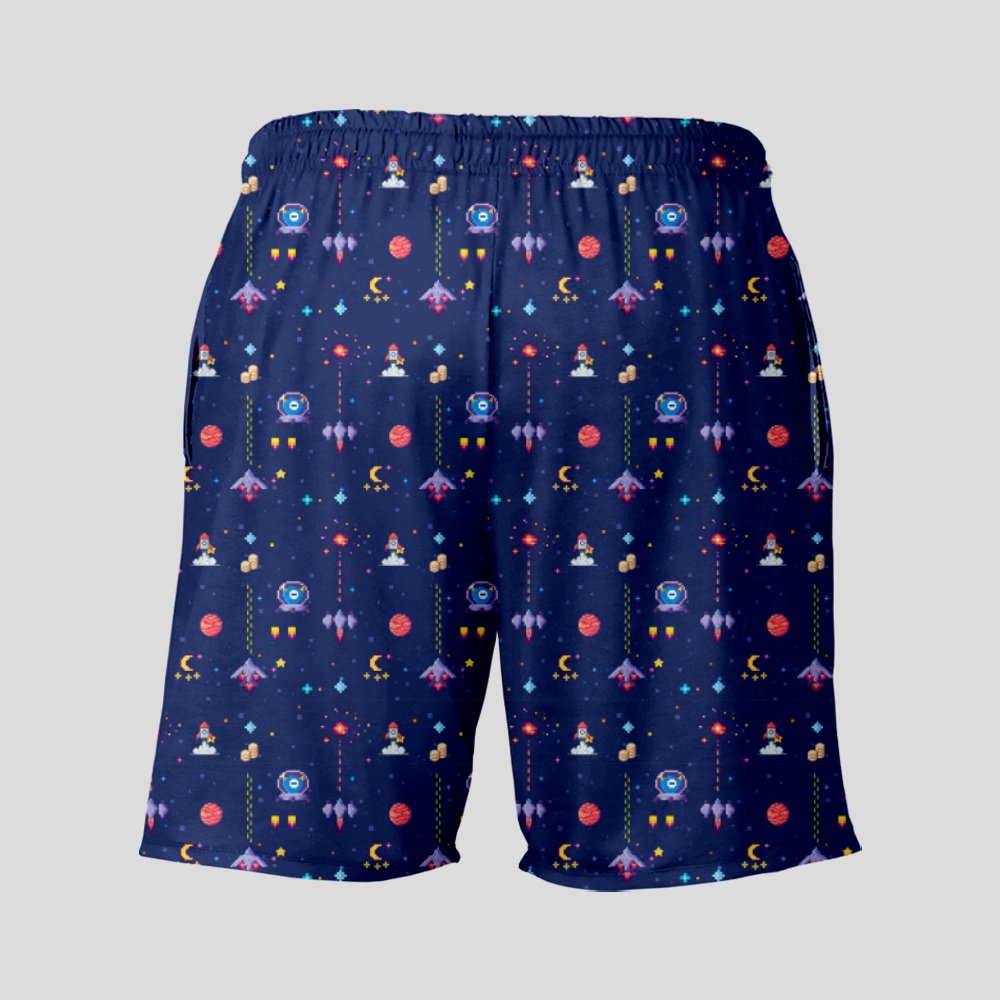 Retro Style Arcade Video Game featuring Space Blue Geeky Drawstring Shorts - Geeksoutfit