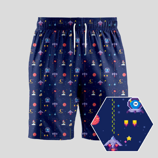 Retro Style Arcade Video Game featuring Space Blue Geeky Drawstring Shorts - Geeksoutfit