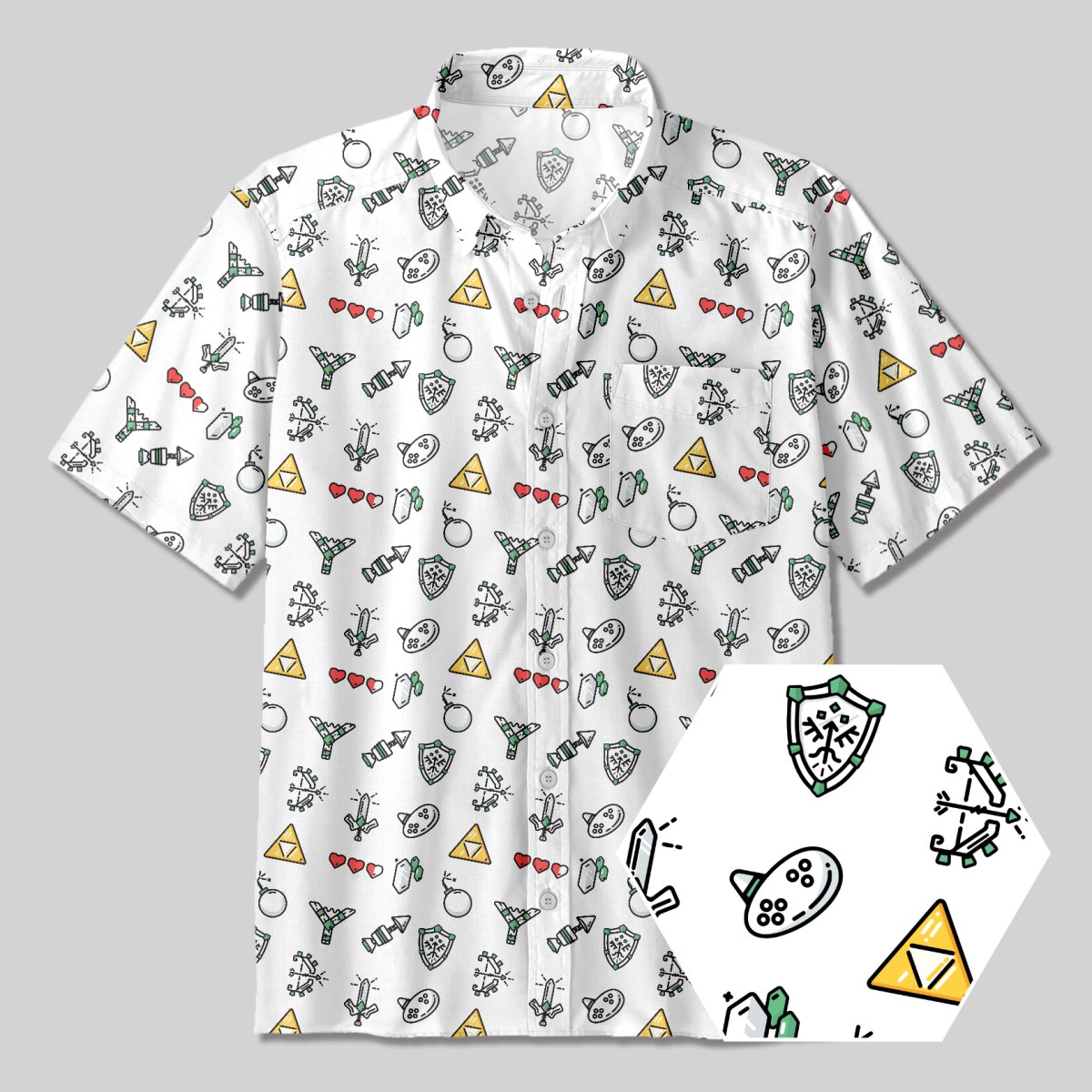 The Zelda Pixel Style Button Up Pocket Shirt - Geeksoutfit