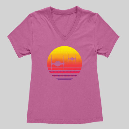Tie Fighter Sunset Women's V-Neck T-shirt - Geeksoutfit